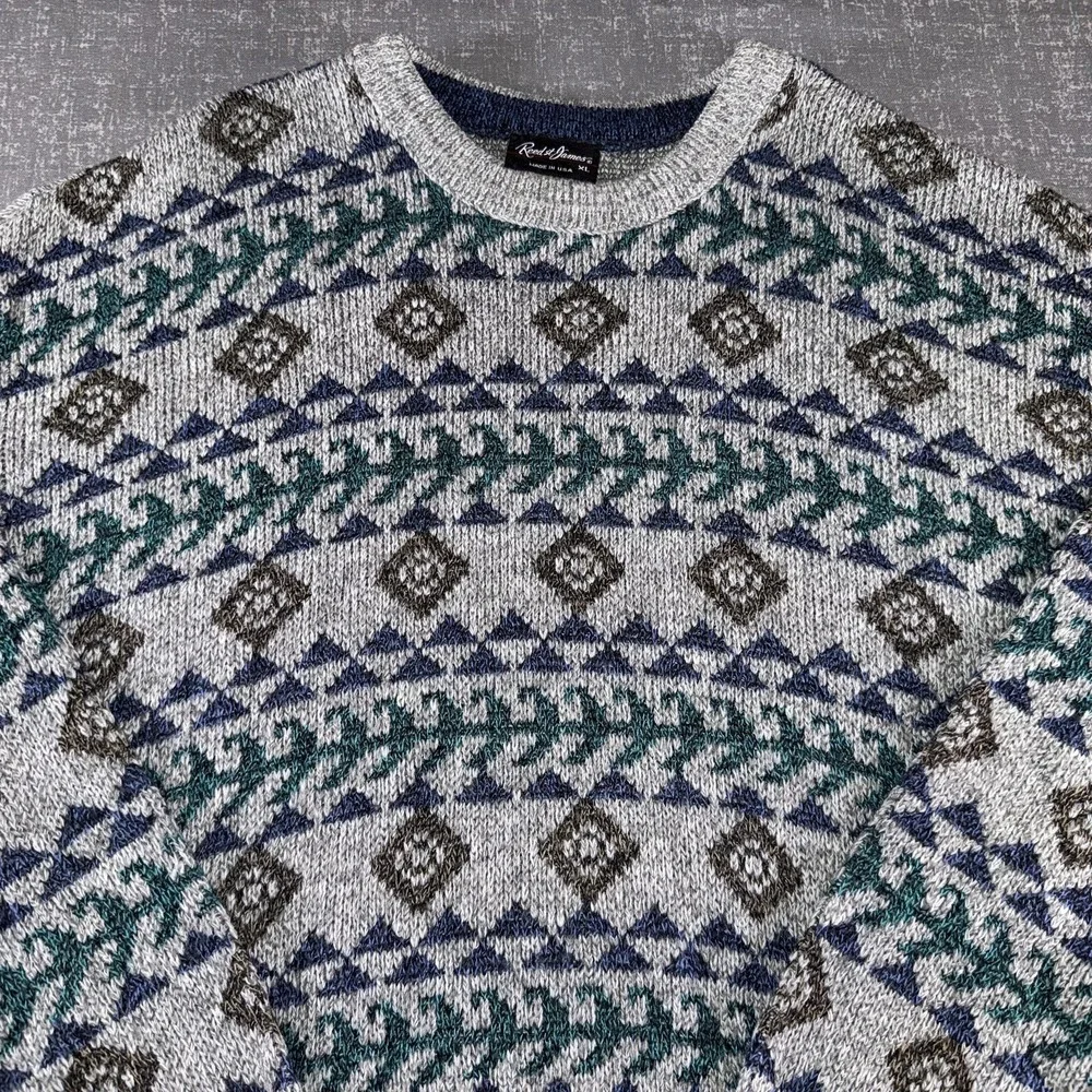 Reed St James Sweater Mens XL Gray Blue Green Geometric Knit Pullover USA Made